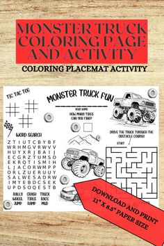 the monster truck coloring and activity book is shown with a red arrow pointing to it