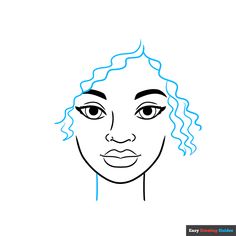 a drawing of a woman's face with curly hair and blue lines on it