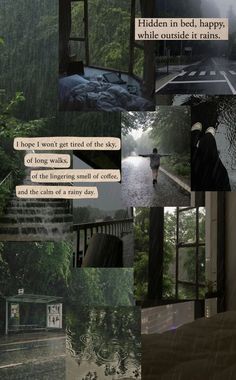 there is a collage of pictures with words on it that say hidden in bed, happy while outside it rains