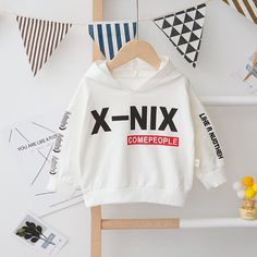 Letter Pattern Hoodie for Children Boy - PrettyKid Long Sleeve Cotton Hoodie, White Hooded Spring Sweater, White Hooded Sweater For Spring, White Long Sleeve Sweatshirt For Spring, White Long Sleeve Sweater With Letter Print, Stretch Hoodie With Letter Print And Long Sleeves, White Long Sleeve Stretch Hoodie, White Stretch Long Sleeve Hoodie, White Letter Print Sweater For Spring