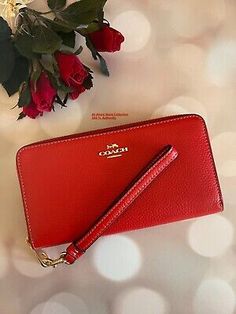 (eBay) NWT Coach Long Zip Around Wallet Pebbled Leather C4451 Miami Red Elegant Red Coach Wallet, Trendy Red Wallet With Zipper Closure, Red Rectangular Coach Wallet, Coach Red Wallet With Removable Pouch, Luxury Red Wallet With Zipper Closure, Red Colour, Phone Wallet, Pebbled Leather, Wallets For Women