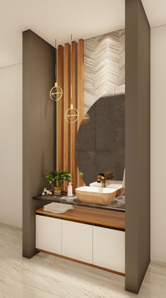 the interior of a modern bathroom with wood accents