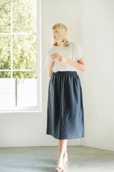 "This natural linen skirt is lightweight and well suited for every modern woman who appreciates comfort and style. It does not restrain Your movements, makes it easy to move because it has no fasteners, a comfortable rubber band at the waist fits like a second skin, so You can freely engage in Your favorite activities or feel comfortable at work. DETAILS: <> Made from OEKO-TEX® certified 100 % European linen; <> Color: Charcoal; <> Skirt length 77 cm / 30.3 \"(inches); <> Skirt With Elastic Waistband, Linen Shirts Women, Linen Clothing, High Waist Skirt, Skirt Midi, Skirt Skirt, Linen Skirt, Linen Blouse, Rubber Band