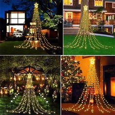 christmas lights decorate trees in the yard at night, and on the lawn is a fire place