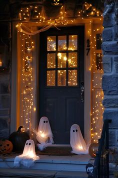 halloween decorations on the front door of a house with lights strung all over it and ghost figures