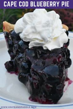 a blueberry pie with whipped cream on top sits on a white plate in front of trees