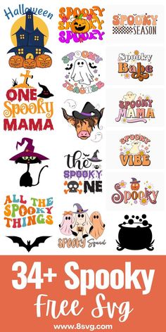 halloween stickers with the text,'34 spooky free svg '