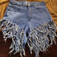 Nwot Medium Fringe Shorts Fringe Shorts Outfit, Blue Summer Pants With Frayed Hem, Blue Cutoff Bottoms For Spring, Blue Pants With Frayed Hem For Summer, Spring Denim Bottoms With Fringe, Spring Denim Blue Bottoms With Fringe, Denim Blue Fringed Bottoms For Spring, Blue Bottoms With Frayed Hem For Spring, Summer High Waist Pants With Frayed Hem