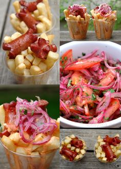 several pictures of different food items in cups on a wooden table, including fries and hotdogs