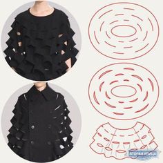 two pictures of black clothing with red circles around it and the same image on white background