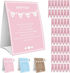 a pink and brown baby shower sign next to it's instructions on how to do it