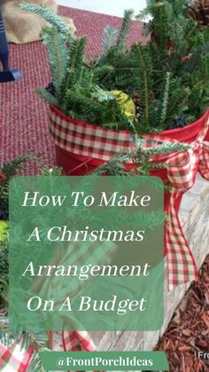 two buckets filled with christmas trees sitting on top of a red and white checkered table