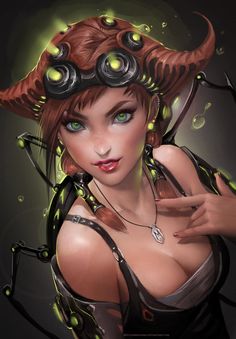 a digital painting of a woman with green eyes wearing a hat and holding her finger up