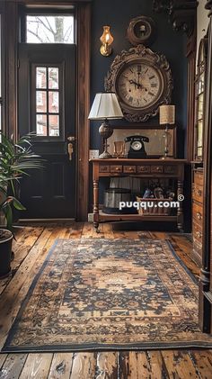 a room with a large rug and a clock on the wall next to a doorway