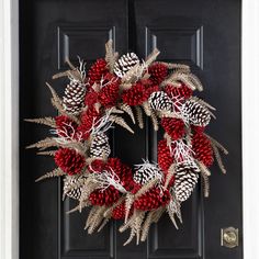 a wreath with pine cones and red berries is hanging on the front door's black door