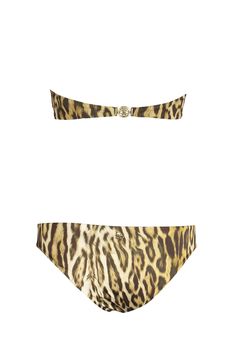 Leopard-print bikini set from ROBERTO CAVALLI featuring a bandeau top, hipster bottoms, caramel brown, black, halterneck, leopard print, and sleeveless. Be mindful to try on swimwear over your own garments. Leopard print Polyester, Elastane Clasp closure Bandeau halterneck top/ Hipster bikini bottom Light brown, black Gold hardware and clasp with logo Imported Size Bust (in) Waist (in) Hip (in) XS 32.75 24.75 36.5 M 35.75 28 39.75 Brown Fitted Bandeau Swimwear, Fitted Brown Bandeau Swimwear, Brown Strapless Beachwear Swimwear, Swimwear Sets, Halter Neck Top, Designer Style, Bandeau Top, Tunisia, Roberto Cavalli