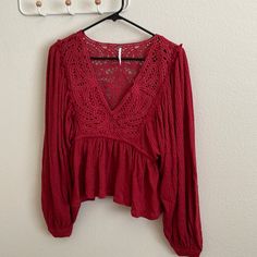 Final Sale Xs Nwot Has Plastic New Not Washed Looks Oversized Red Lace Top For Summer, Red Crochet Top For Fall, Red Bohemian Tops For Fall, Casual Red Peasant Top For Fall, Red Peasant Top For Fall, Bohemian Burgundy Tops For Spring, Bohemian Burgundy Top For Spring, Red Long-sleeve Peasant Top For Spring, Chic Red Lace Top