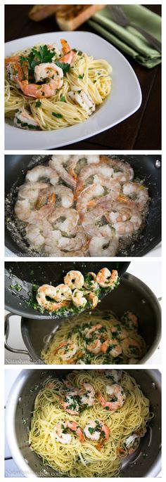 four different pictures of shrimp and pasta in pans