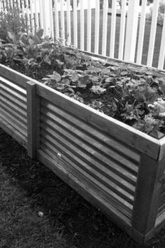 a wooden planter box filled with lots of plants