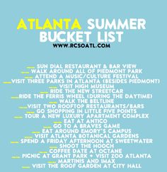 the atlanta summer bucket list is shown on a blue background with white and yellow lettering