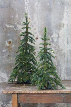 two small christmas trees sitting on top of a wooden table