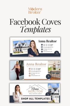 three facebook covers for real estate agent and realtor, with the words facebook covers templates