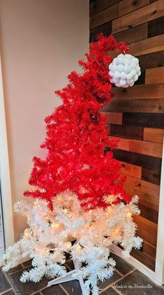 Playful DIY Santa Hat Christmas Tree With Themed Decorations - Modern on Monticello White Christmas Tree With Red, Diy Santa Hat, Red Spray Paint, Pine Cone Christmas Tree, Diy Stockings, Diy Santa, Themed Decorations, Alternative Christmas Tree