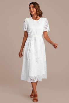 White Lace Short Sleeve Round Neck Tie Waist Midi Dress Elegant Flutter Sleeve Belted Dresses, Modest Lace Maxi Dress, Elegant Belted Dress With Flutter Sleeves, Fitted Lace Dress With Belt, Fitted Lace Belted Dress, Belted Fitted Lace Dress, Belted Maxi Dress For Brunch With Short Sleeves, Modest Fitted Lace Maxi Dress, Modest Lace Maxi Dress For Spring