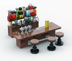 a lego table with stools and bottles on it