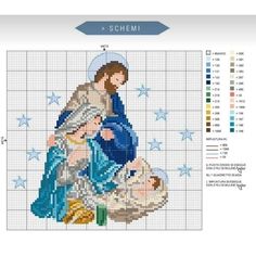 a cross stitch pattern with an image of the nativity scene in blue and white