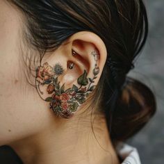 Ear Tattoos Tattoo Flash Collection Ethereal Art Tattoo, Botanical Neck Tattoo, Fern Ear Tattoo, Under Jaw Tattoo, Dragon Ear Tattoo, Flora And Fauna Tattoo, Behind The Ear Tattoo Ideas Unique, Flower Ear Tattoo, Under Ear Tattoo