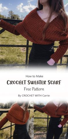 a woman standing next to a fence with her hands on her hips and the text how to make crochet sweater scarf free pattern by crochet with care