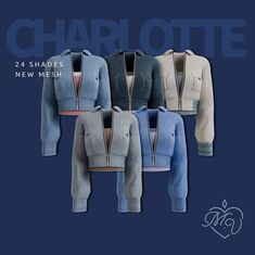 four jackets with zippers on each side and the words charlotte in white, blue, pink