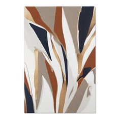 an abstract painting with brown, white and blue colors on the wall in front of it