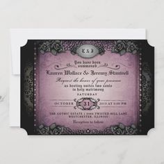 an ornate purple and black wedding card