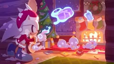 an animated cat is standing in front of a christmas tree and stockings on the fireplace