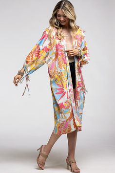 Stunning tropical leaf print kimono *100% Polyester *APPROX. L 43" Multicolor Tropical Print Kimono For Summer, Multicolor Tropical Kimono For Summer, Tropical Kimono With Tropical Print For Summer, Summer Tropical Kimono With Kimono Sleeves, Tropical Print Kimono For Summer, Bohemian Beach Kimono With Tropical Print, Tropical Kimono With Kimono Sleeves For Summer, Tropical Kimono For Vacation And Beach Season, Summer Vacation Kimono With Tropical Print