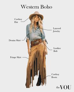 Western Boho fashion style features suede, fringes, cowboy boots, denim, and wide-brimmed hats mixed with flowing dresses, crochet vests, and layered, natural-stone jewelry. Boho Denim Outfit, Cowpunk Fashion, Kimono Corset, Western Hippie Fashion, Bohemian Fashion Style, Boho Fashion Style, Boho Western Outfits, Bohemian Style Shoes