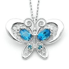 "Sterling Silver Butterfly charm w/ Genuine London Swiss Blue Topaz stones. Measures approximately 3/4\" x 1\". *chain sold seperately* Made to order. Free shipping" Blue Pendant Jewelry With Accent Stones, Silver Blue Topaz Necklace With Accent Stones, Blue Topaz Pendant Jewelry With Accent Stones, Royalty Jewelry, Butterfly Poems, Heart Shaped Diamond Ring, Disney Necklace, Pretty Jewelry Necklaces, Magical Jewelry