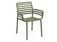 a green plastic chair with slatted back and arm rests on a white background