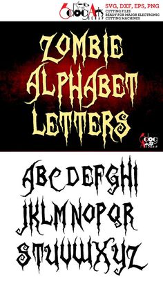 some type of font and numbers that are black, white and red with the words zombie alphabet