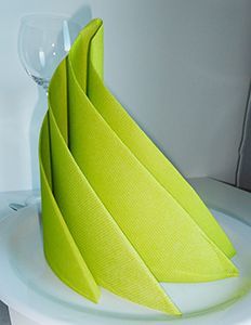 folded napkins sitting on top of a white plate next to a wine glass and bottle