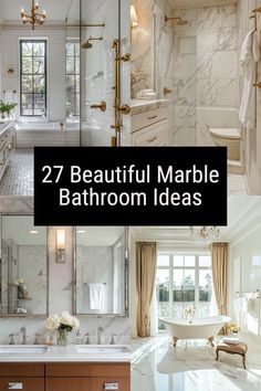 bathroom with marble walls and flooring in white, beige and gold colors is featured here