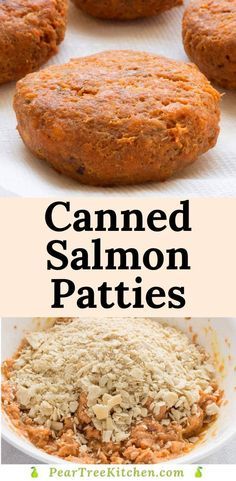 some carrots and other food items on a white plate with the words canned salmon patties