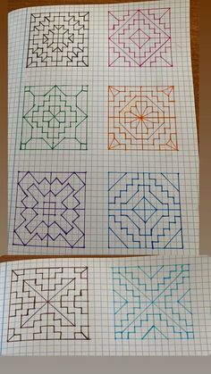 four different colored squares on lined paper with lines in the middle and one has an intricate design