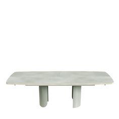 a white table with two legs and a long rectangular top on an isolated surface against a white background