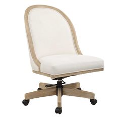 an office chair with wheels and a cushion on the backrest, in white fabric