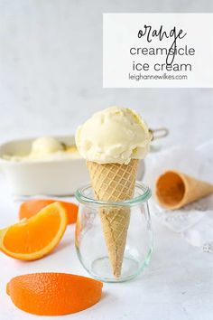 an ice cream cone in a glass jar with lemon wedges on the side and text overlay that reads homemade ketchup ice cream