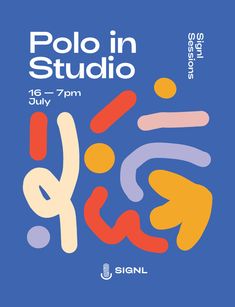 an event poster with the words polo in studio written on it and colorful shapes