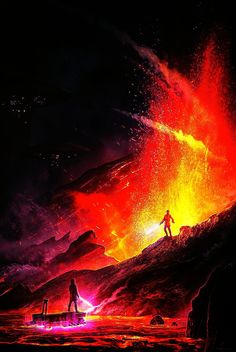 two people standing in the middle of a lava with bright red and yellow flames coming out of it